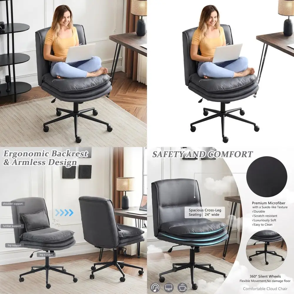 

Офисное кресло с высокой спинкой без подлокотников, вращающееся, на колесиках, с удобным мягким сиденьем, серое, из микрофибры, для домашнего стола.