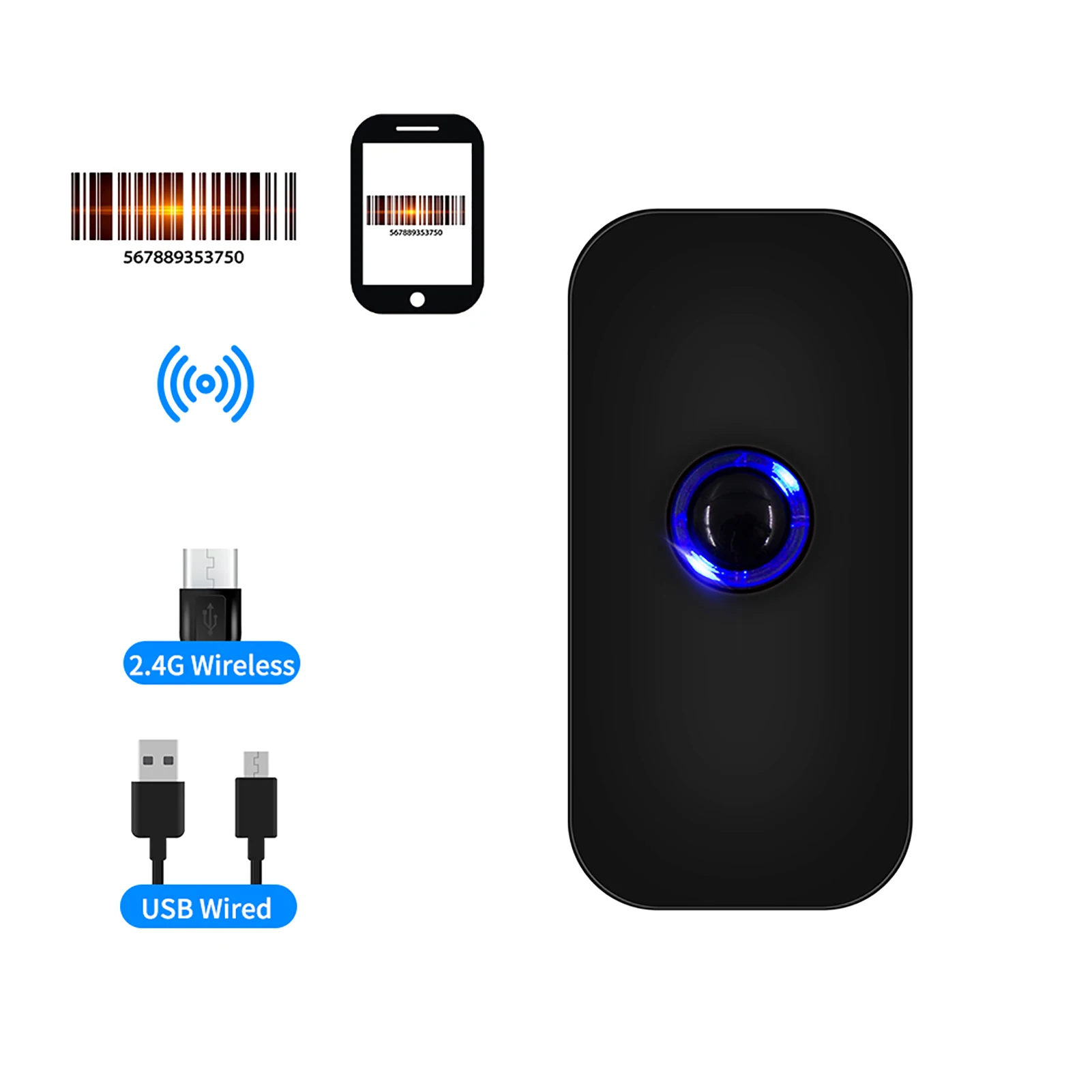 

【New】Handheld Barcode Scanner 1D/2D/QR Bar Reader Support BT & 2.4G Wireless & USB Wired Connection for Windows Android