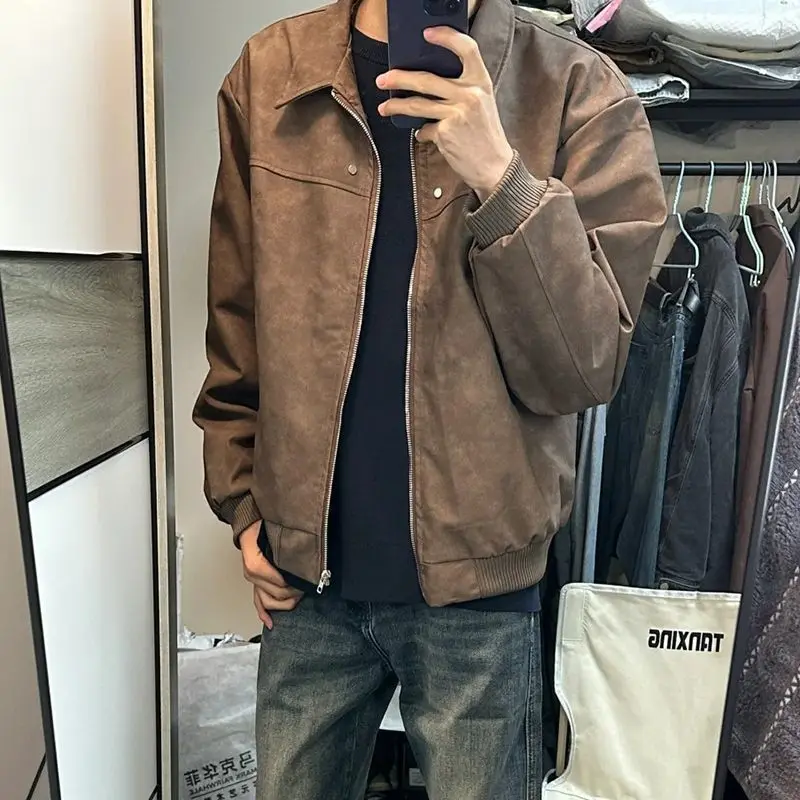 Korean Fashion 2026 Lapel Jacket Men's Spring Autumn New Brand High Street Student Jersey PU Leather Loose Coat Baseball Homme