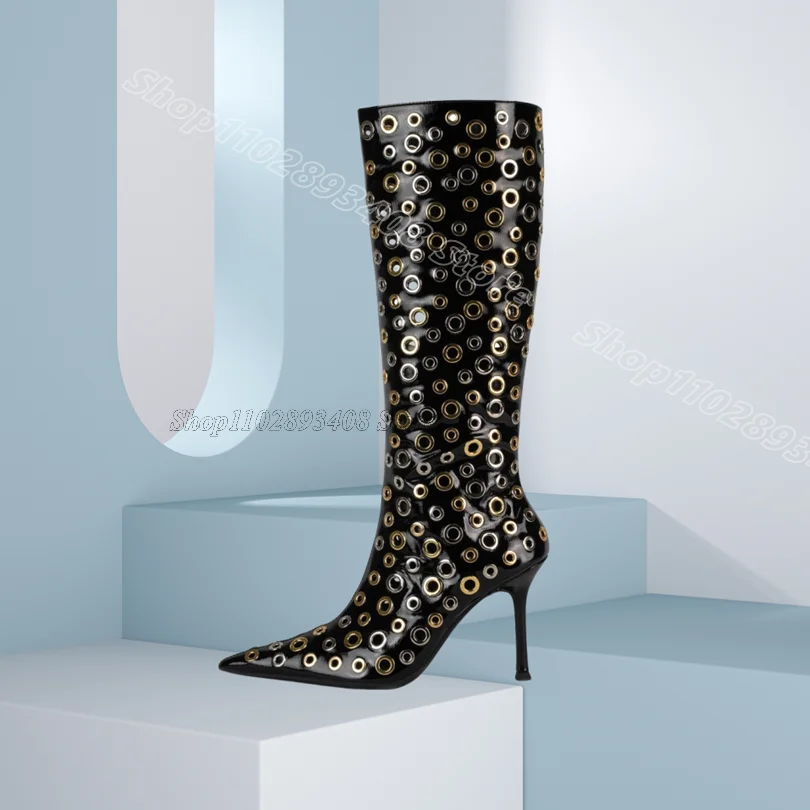

Black Ring Decor Stiletto Boots Side Zipper Pointed Toe British Style Fashion Women Party Dress Knee Boots Zapatos Para Mujere