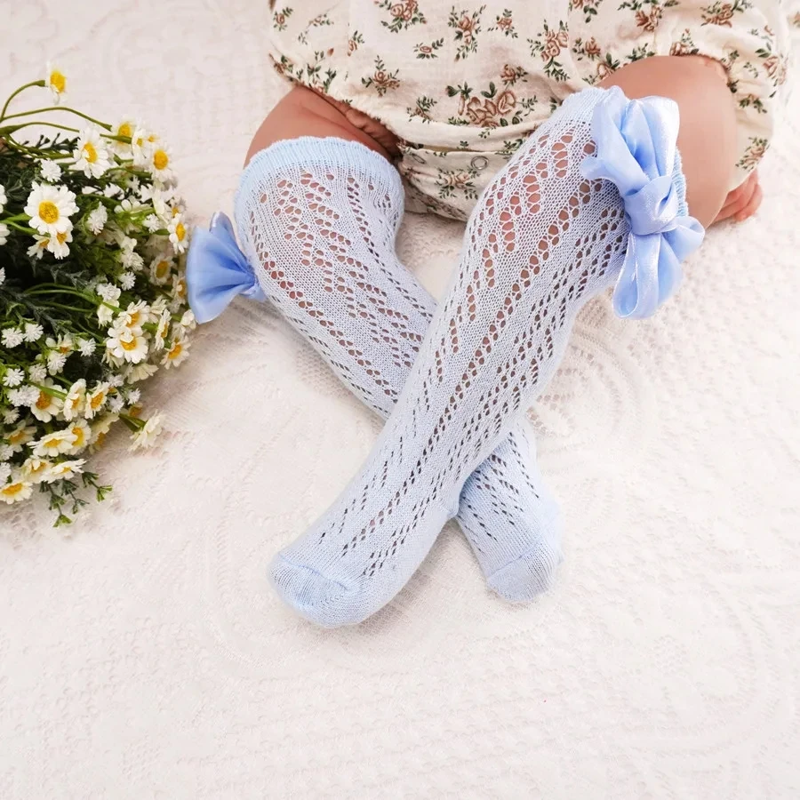 Sommer Kinder Socken mit Bogen Baby Mädchen lange Socke kniehohe Baumwolle hohle Kleinkinder Socken Mesh Kinder Prinzessin Socke für 0-7 Jahre