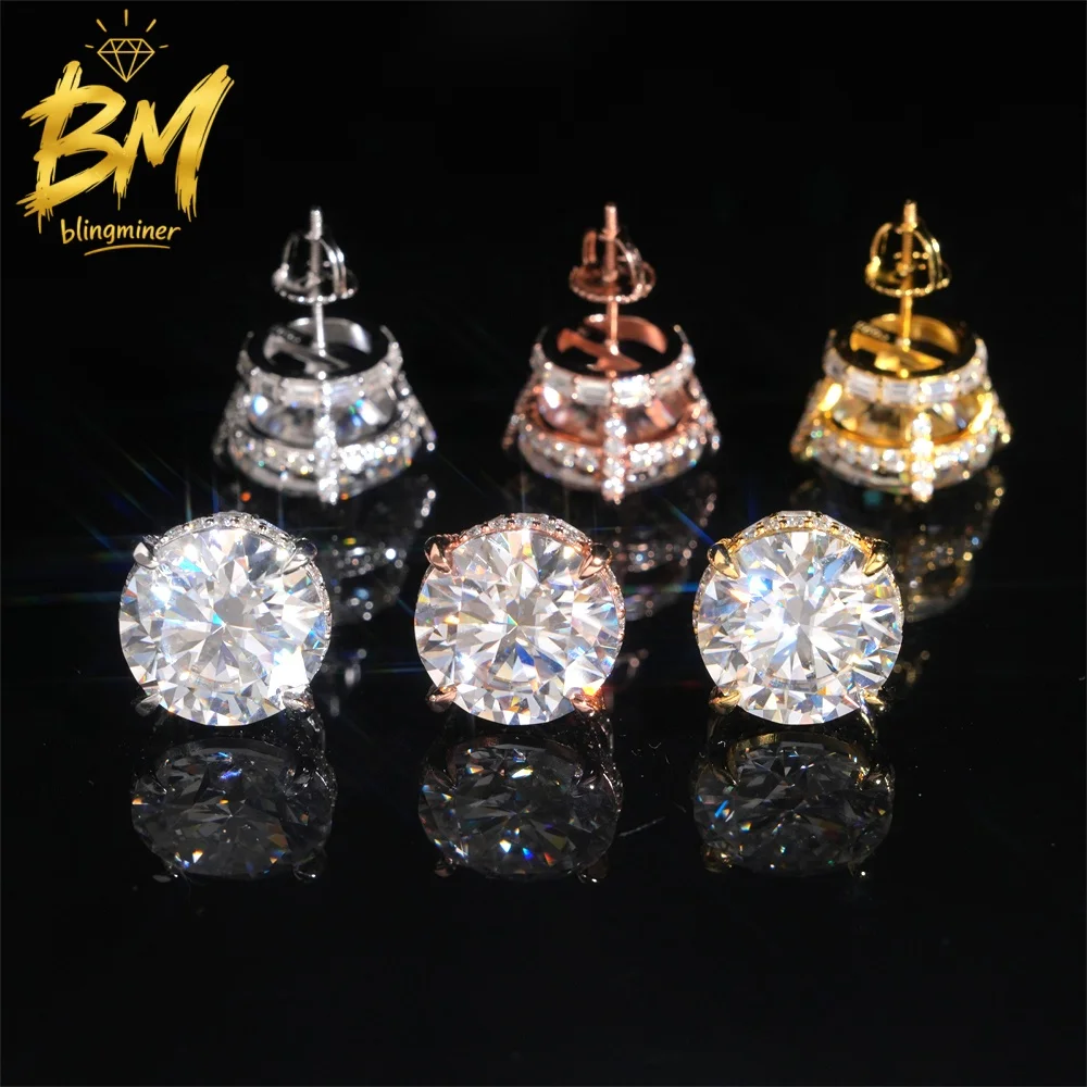 Blingminer 13mm Round VVS Moissanite Earrings For Men Women S925 Silver Ear Studs Jewelry Pass Diamonds Tester GRA Free Shipping