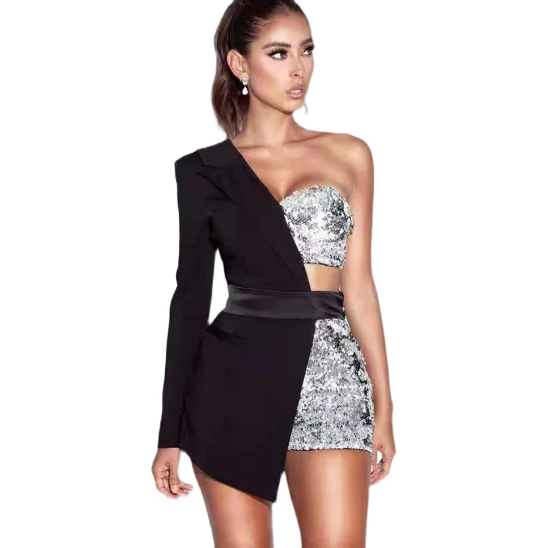 

Atmospheric Nightclub DJ Female Singer Stage Sexy Sequins Top Shorts Bottoming Personality Blazer Set Women's Group Costumes