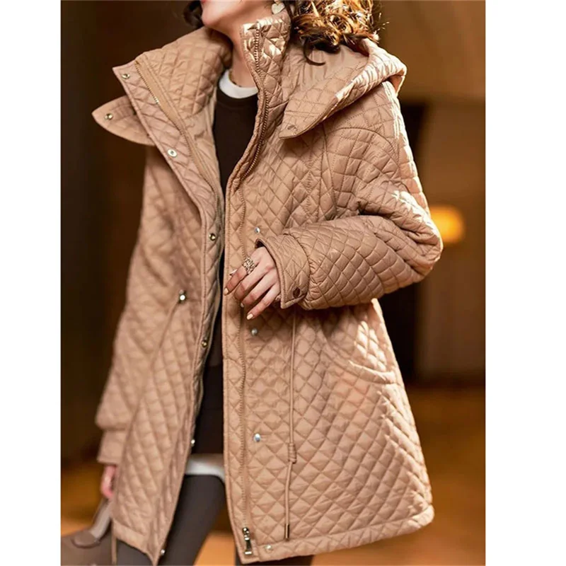 

Fashion Rhombic Lattice Casual Thin Cotton Coat Women's 2023 Spring Autumn Hooded Coat European Station Mid-Long Lace-Up Jacket