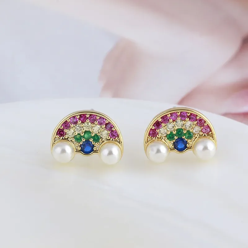 

European And American Jewelry Wholesale Rainbow Pearl Geometric Semicircle Sweet Earrings