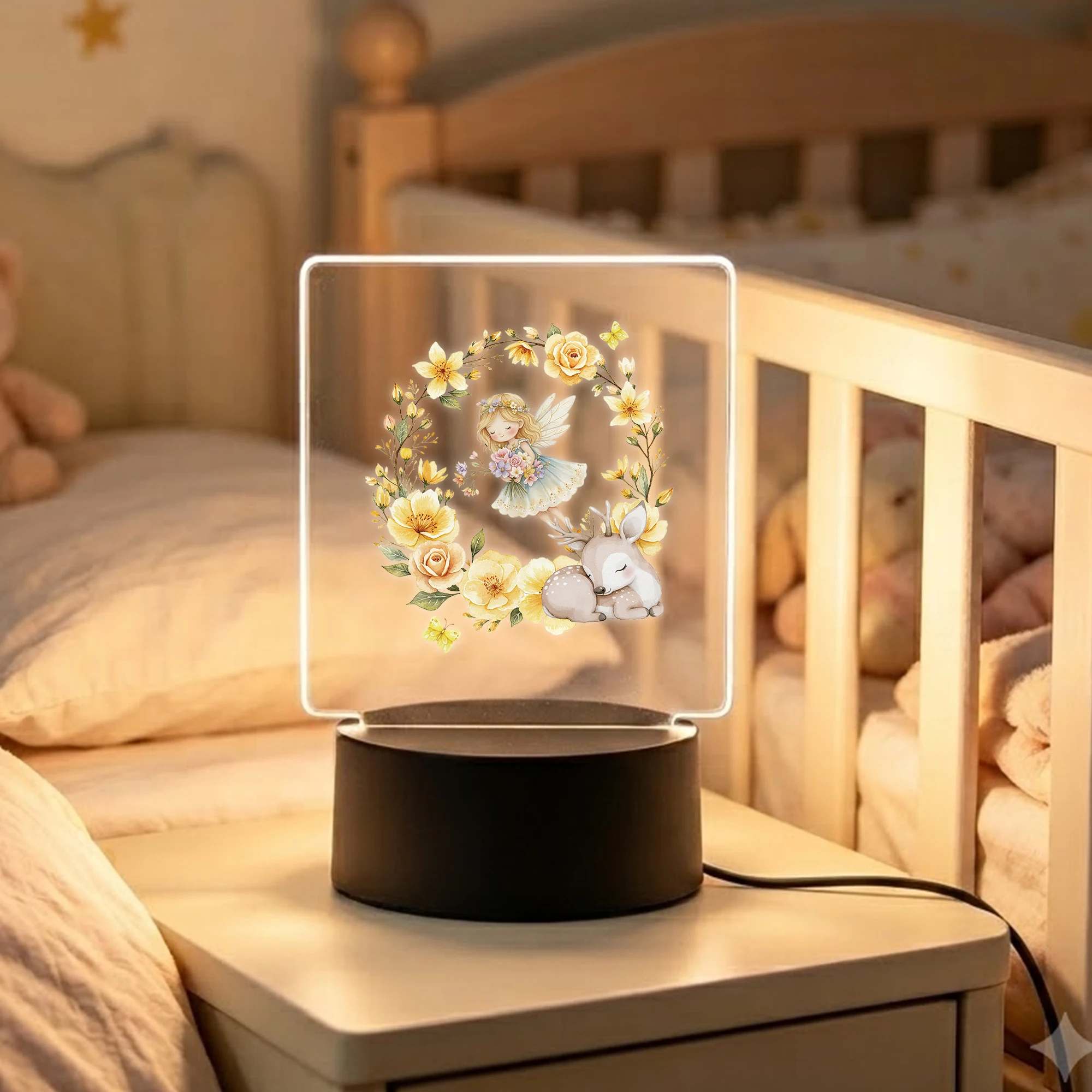 2D Flat Acrylic LED  Yellow Rose Fairy Decoration Desk Lamp Night Light Cartoon Children Bedroom Gifts Home Decor Gift - view 3
