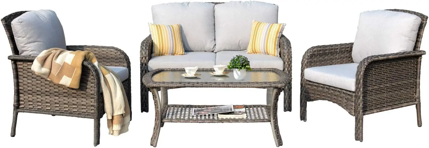 High Back Outdoor Patio Móveis Set, Sofá Set com mesa de café, All Weather Wicker, Rattan Sofá para Quintal Deck e varanda, 4 PCs
