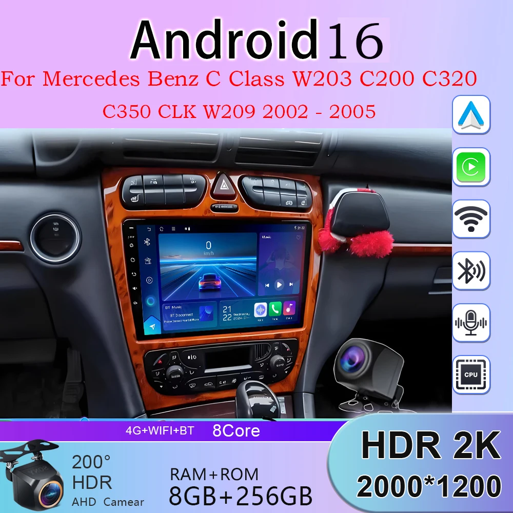 

Для Mercedes-Benz C-класса W203 C200 C320 C350 CLK W209 2002-2005: Автомагнитола Android 16 с Carplay, мультимедийный плеер, навигация GPS