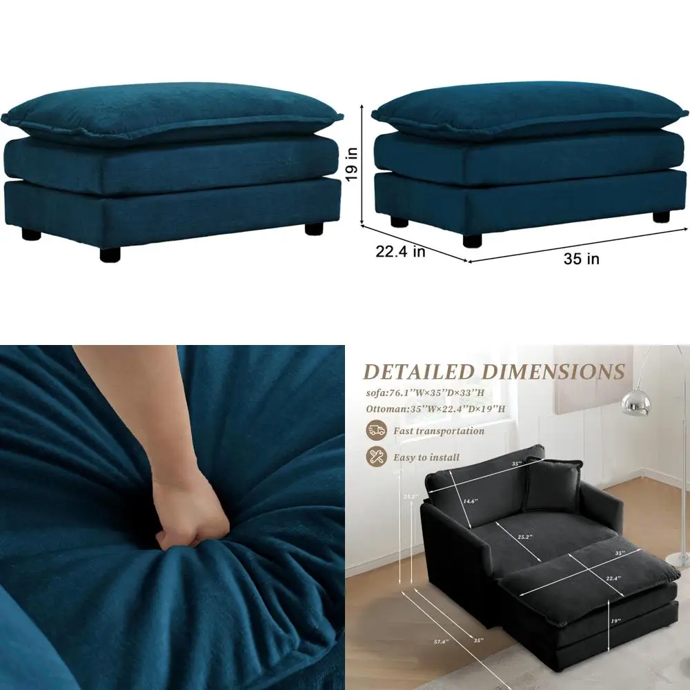 Chenille Sectional Sofa with Ottoman in Deep Blue for Luxurious Comfort and Style