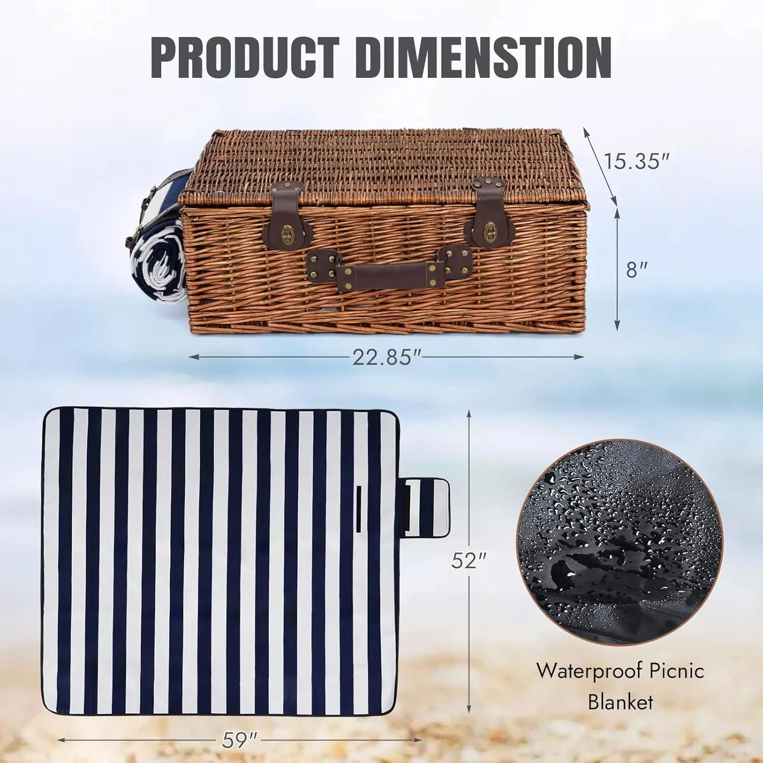 سلة نزهة صفصاف كبيرة جدًا تتسع لـ 4 أشخاص أو أكثر، 22.85 بوصة × 15.35 بوصة مجموعة سلة نزهة من الخيزران الطبيعي المصنوع يدويًا #2