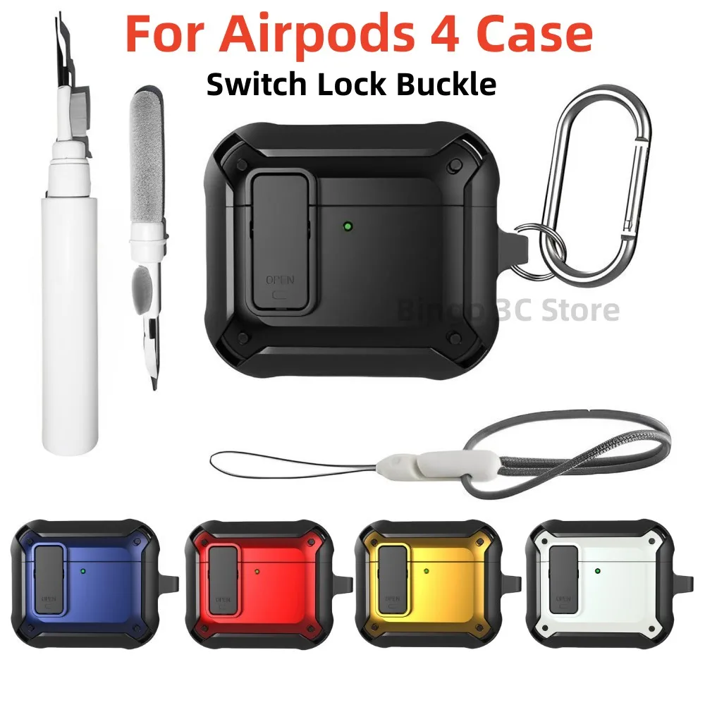 Para AirPods 4 2024 funda con bloqueo de interruptor funda protectora a prueba de golpes con Kit de limpieza funda para auriculares con cordón para AirPods 4 generación