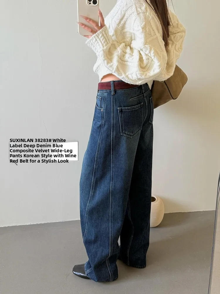 

Красные широкие джинсы с поясом, тонкие бархатные теплые зимние джинсы с высокой талией, винтажные Гонконгские женские повседневные износостойкие свободные посадки