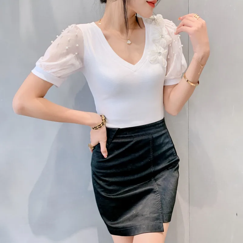 #5405 Black White Sexy Puff Sleeve T Shirt Women Pearls Tight Basic T Shirt Femme V-neck Streetwear Tee Korean Style Summer