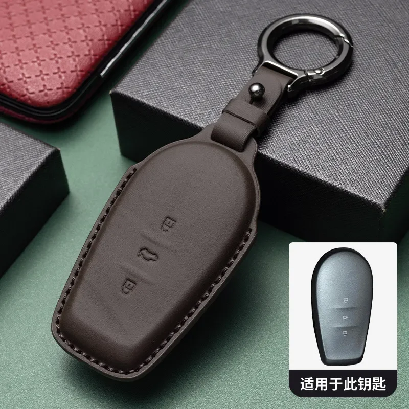 for 2025 Nissan N7 Key Case Genuine Leather First Layer Cowhide Car Key Protective Cover with Buckle Chain Accessories