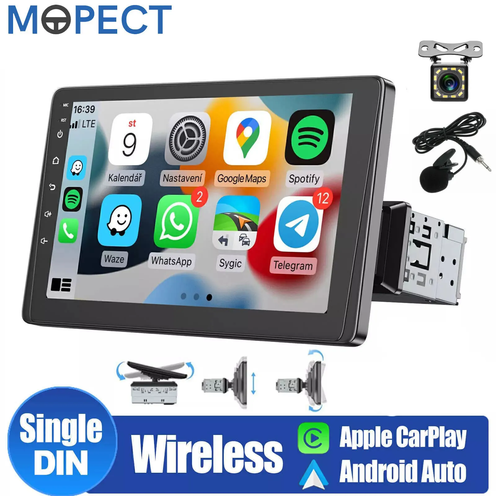 MOPECT 9 Zoll drehbarer IPS-Touchscreen 1 Din Universal Wireless für Apple Carplay Android Auto Autoradio Androidauto Stereo Multimedia-Videoplayer Head Unit Autoradio WIFI BT FM RDS SWC