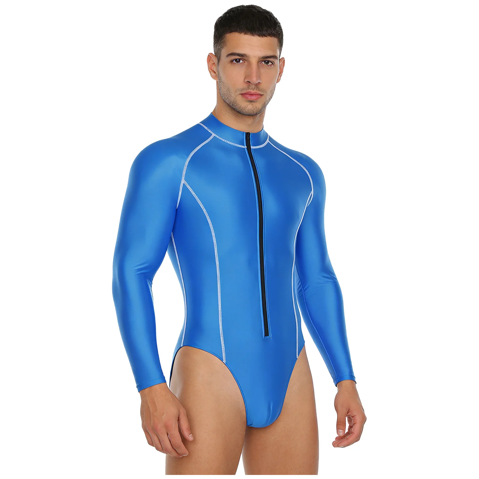 Swimwear Mens Glossy Bodysuit Rash Guard Swimsuit Long Sleeve Front Zipper High Cut Leotard Jumpsuit Surfing Swimming Costume