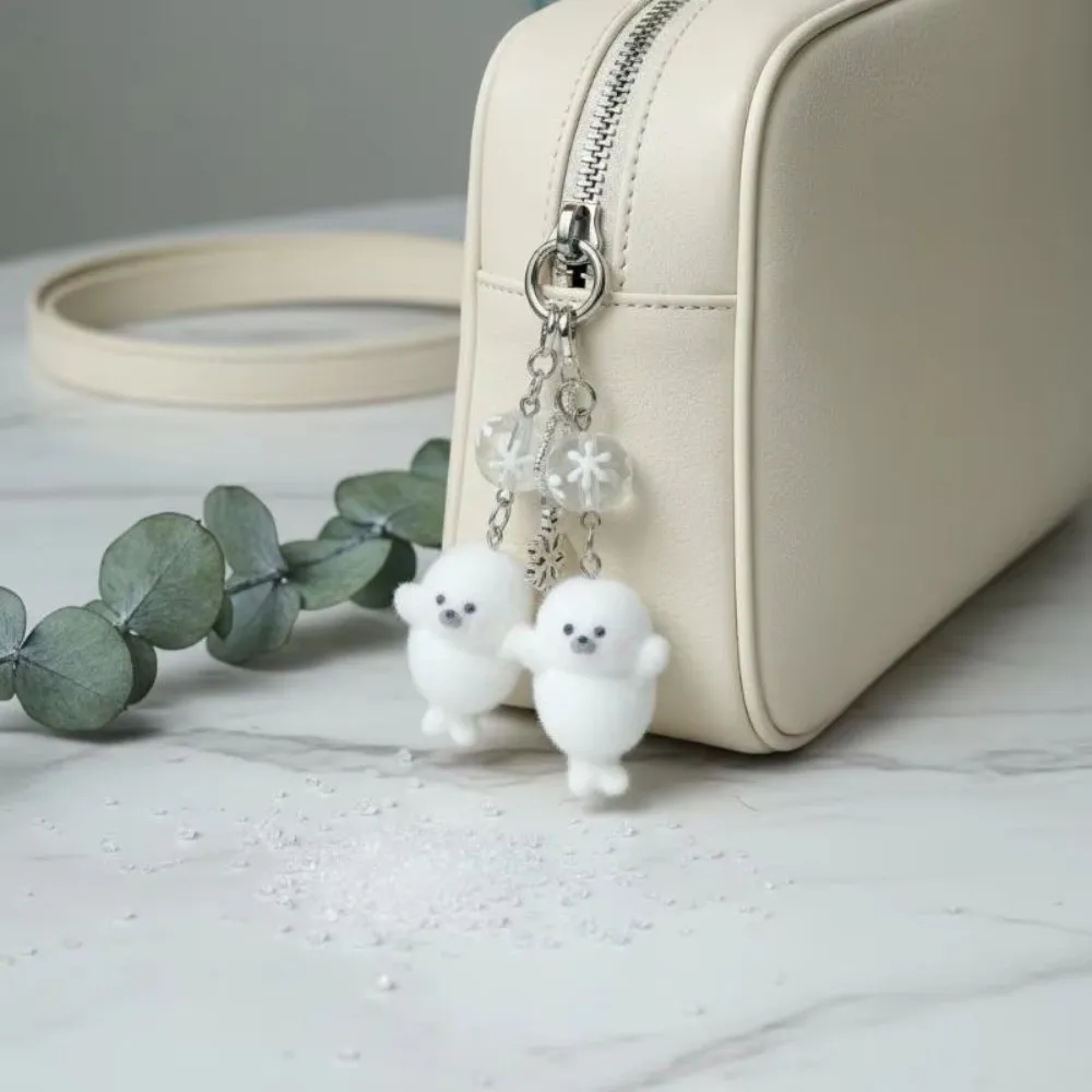 Cute Design Flocked Seal Pendant Fluffy Texture White Color Marine Animal Charm Resin Material Lightweight