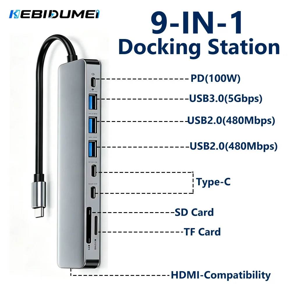 KEBIDUMEI 9 in 1 USB 3.0 HUB TYPE-C To HDMI-Compatibility Docking Station SD TF RJ45 Card Reader USB Splitter Adapter For Laptop
