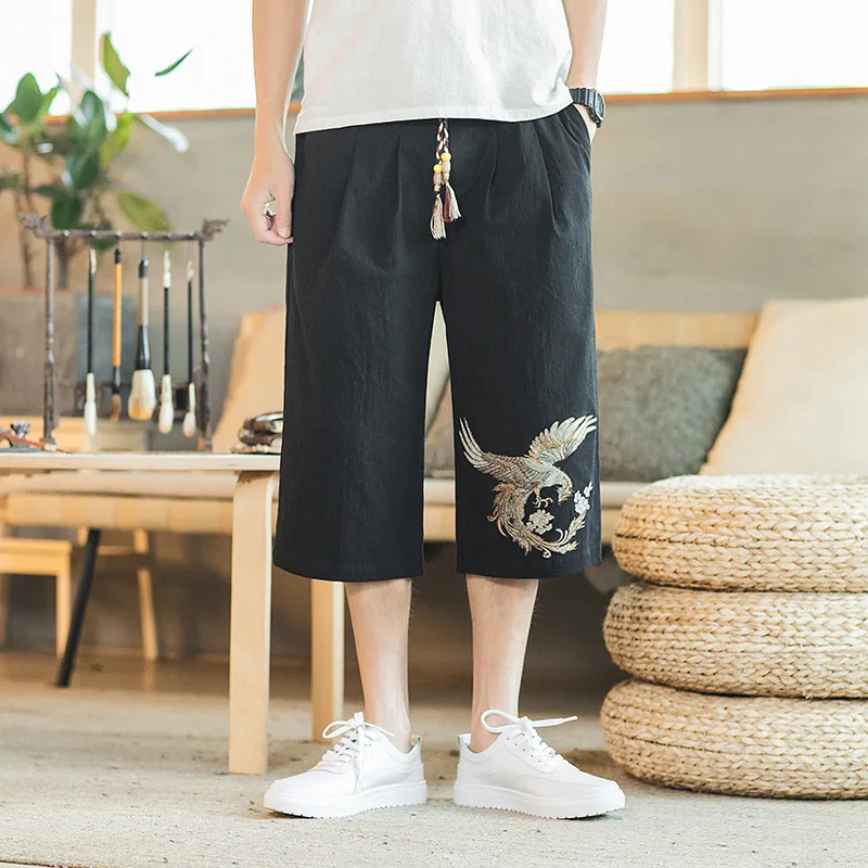 Chinese  Embroidered Drawcord Capris Men's Large Loose Summer Cotton and Hemp Pants Men's Wear