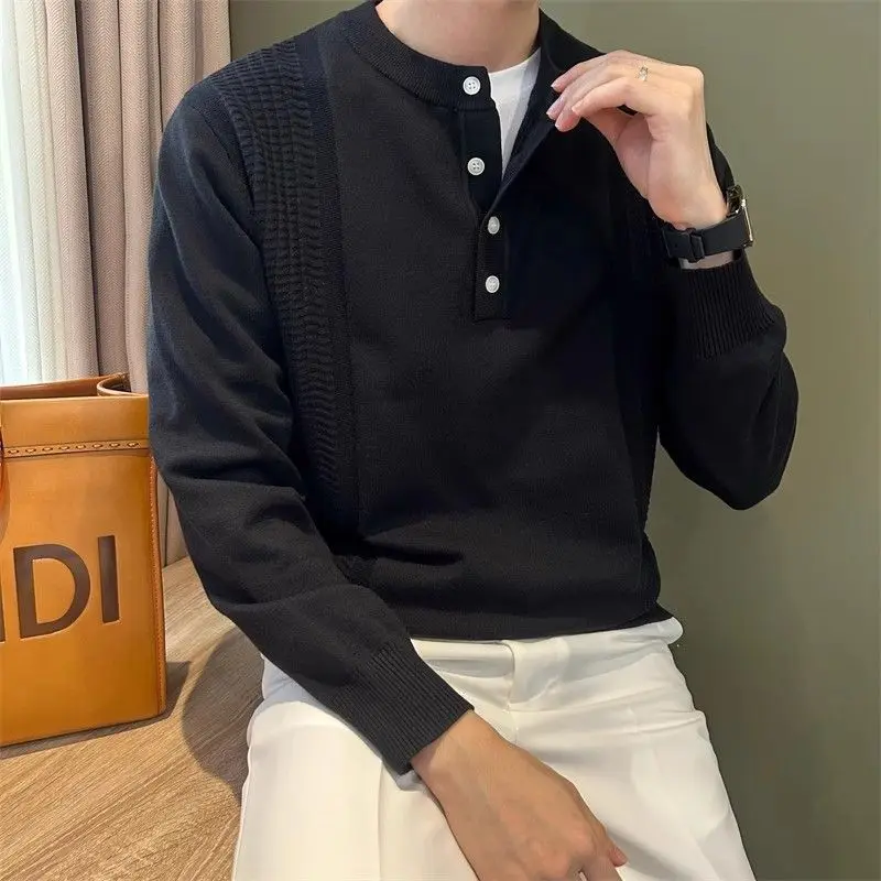 Autumn Winter Henley Collar Button Sweater Men's Casual Long Sleeve Knitted  Pullover Tops Office Gentleman Jacquard Base Jumper