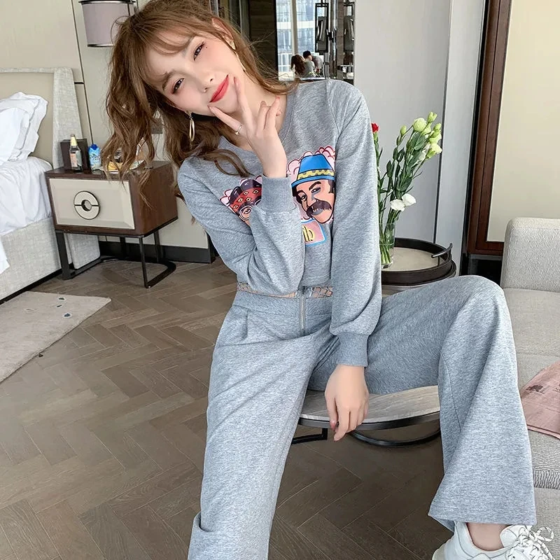 2023 New Casual Sports Suits Women Spring Autumn Fashion Women Set Thin Wide-leg Pants + Short Tops Long-sleeved Two-piece Suit