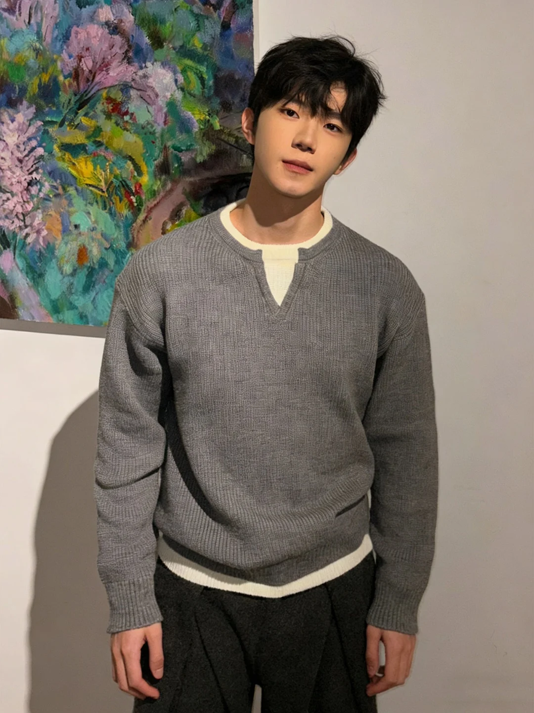 

Gray Fake Two-Piece Knit Sweater Men's Winter Lazy Style V-Neck Soft Inner Shirt American Style Loose Fit Warm Thick Long Sleeve