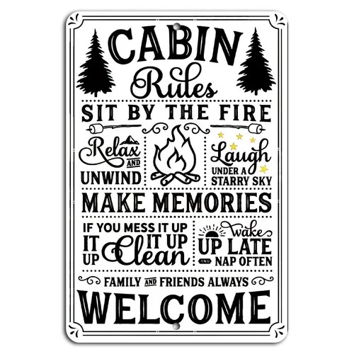 Cabin Rules: Sit by the Fire, Relax and Unwind, Family Welcome Rustic Sign  -aluminum