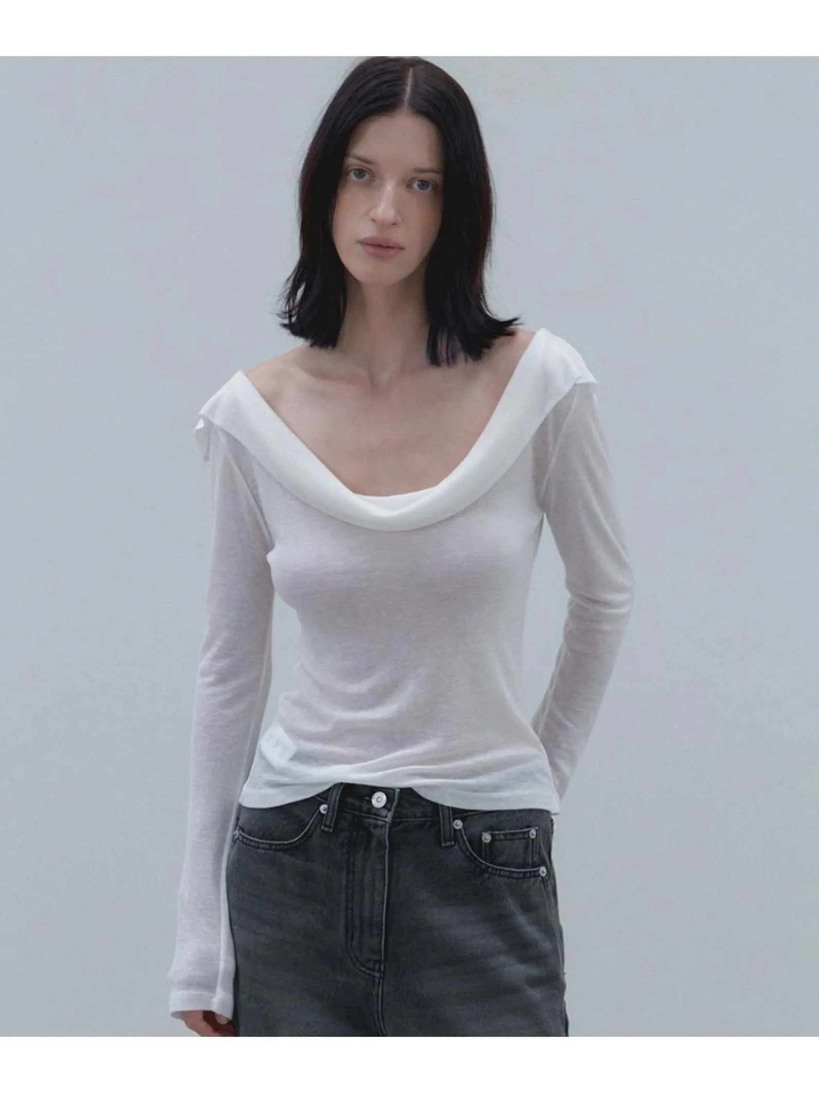 Charming Long Sleeve T-Shirt Women's Base Layer One-Shoulder Design Unique Collar Casual Style Standard Fit Wool 100%