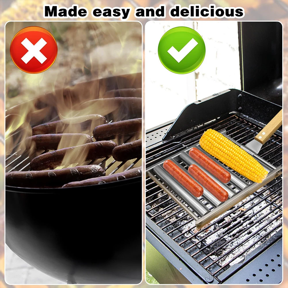 Hot Dog Roller with Wood Handle BBQ Hot Dog Griller Stainless Steel Barbecue Sausage Roller for Evenly Cooked Hot Dogs