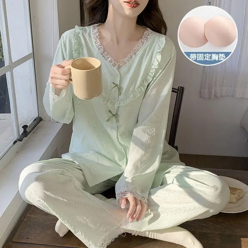 

New Hot Princess Style Pajamas Set Cotton Women Homewear with Padded Bra Peter Pan Collar Lace Spring Autumn Winter Loungewear