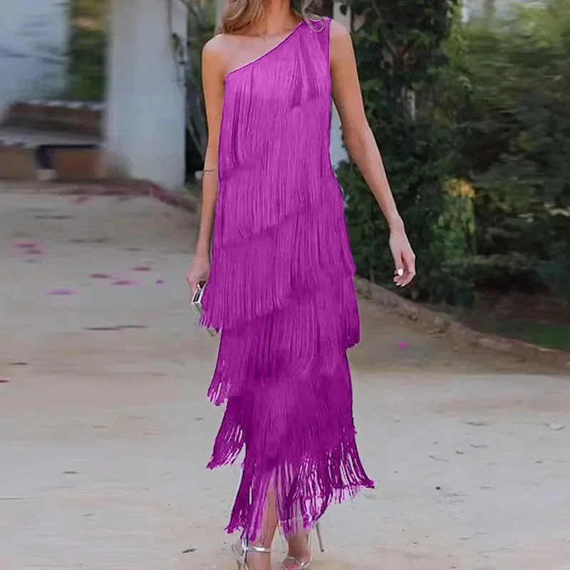 Elegancka asymetryczna sukienka wieczorowa Fashion Tassel Club Party Dress 2024 Lady Sexy Diagonal Collar Sleeveless Tank Long Dress
