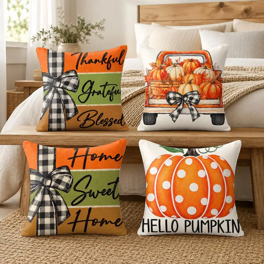 Fall Pumpkin Truck Buffalo Plaid Cushion Cover Silky Short Plush Invisible Zipper Dustproof Sofa Pillow Case For Home Decor