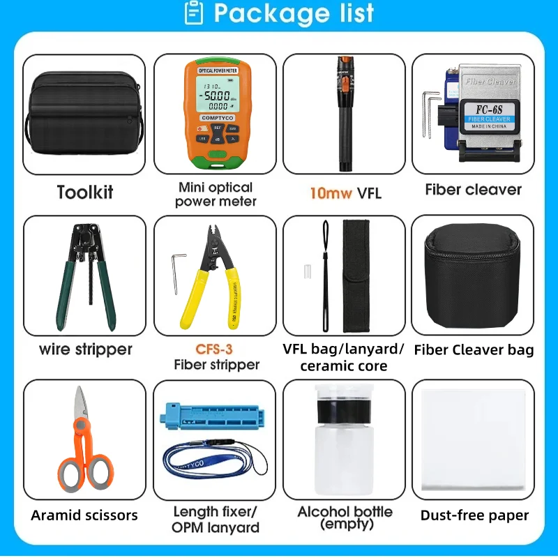 FTTH Fiber Optic Tool Kit With FC-6S Fiber Cleaver -50 - +26 Optical Power Meter Tester Fiber Stripper 10mw Visual Fault Locator