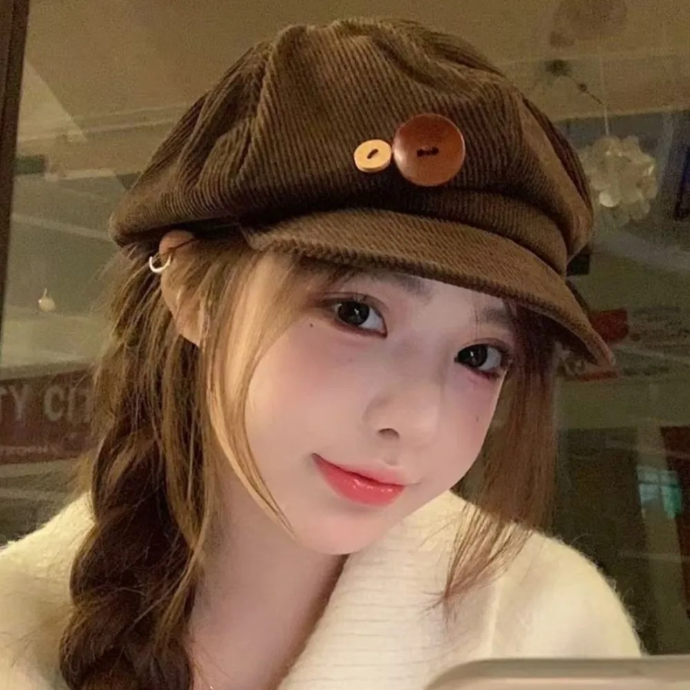 

Fashion Y2k Double Button Berets Hat Japanese Harajuku Corduroy Baseball Cap Keep Warm Windproof Octagonal Hat Sweet