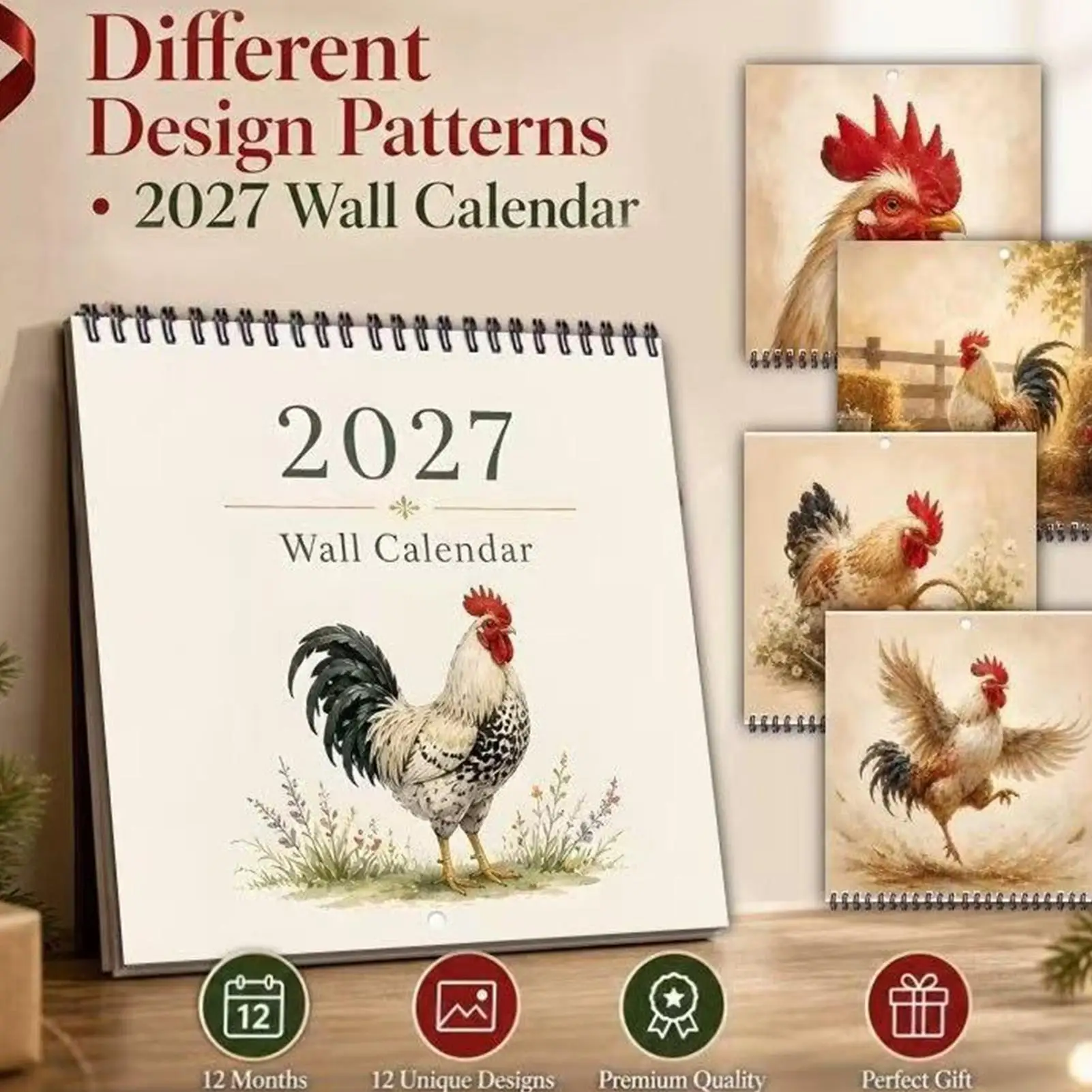 2027 Wall Calendar Funny Chicken Thick Paper Monthly Weekly Planner 2027 January-December Calendar For Home Office School