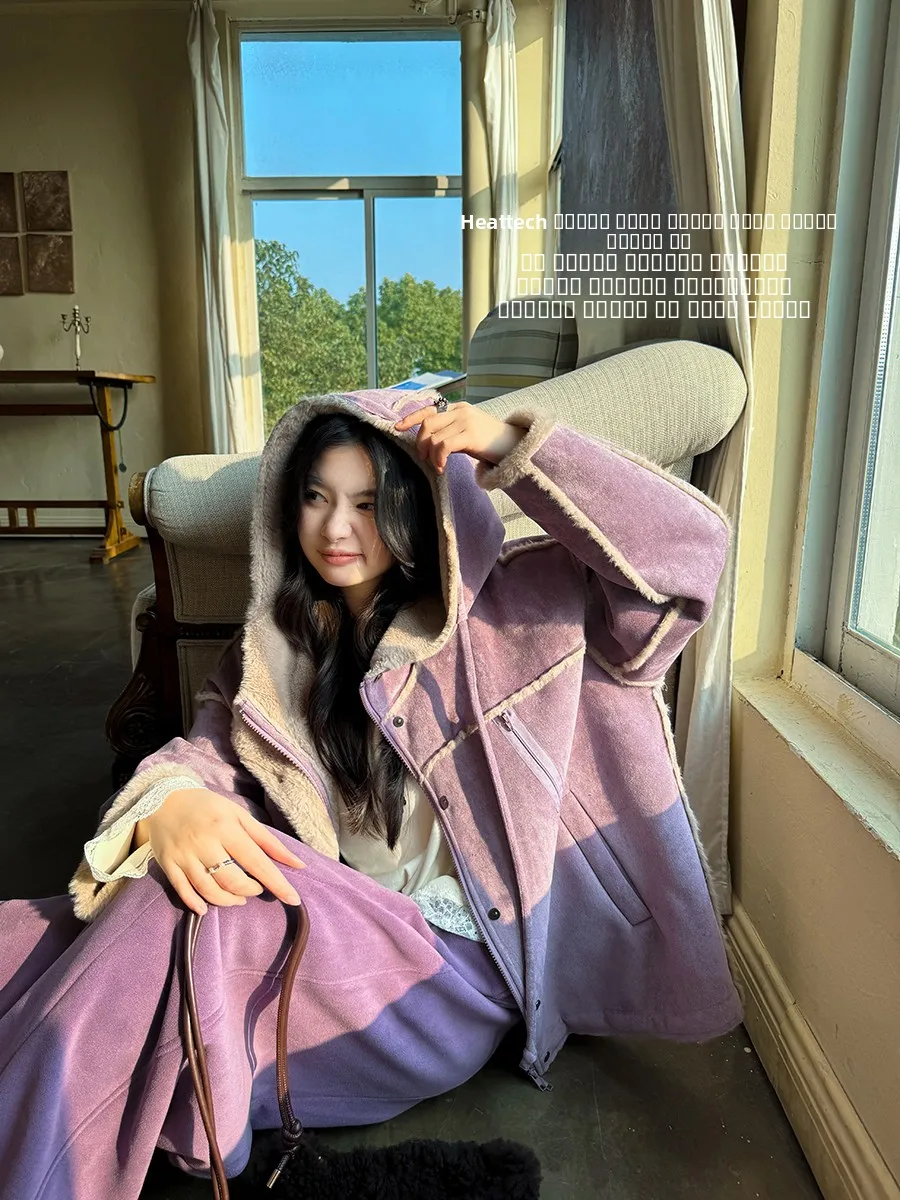 

Утепленное пальто из искусственного меха под овчину, с цветовыми блоками, мягкое, фиолетовое, свободного кроя, модное, с интегрированной кожаной отделкой, теплое, Annforest, полиэстер...