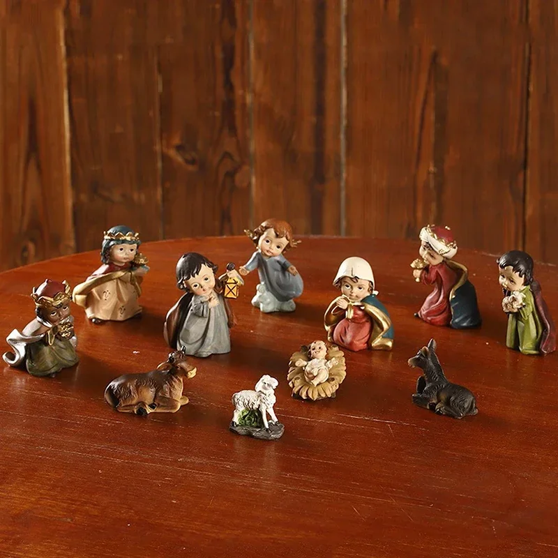 11Pcs Christmas Nativity Figures Scene Set Cartoon Baby Jesus Manger Christmas Crib Miniatures Ornament Church Gift Home Decor