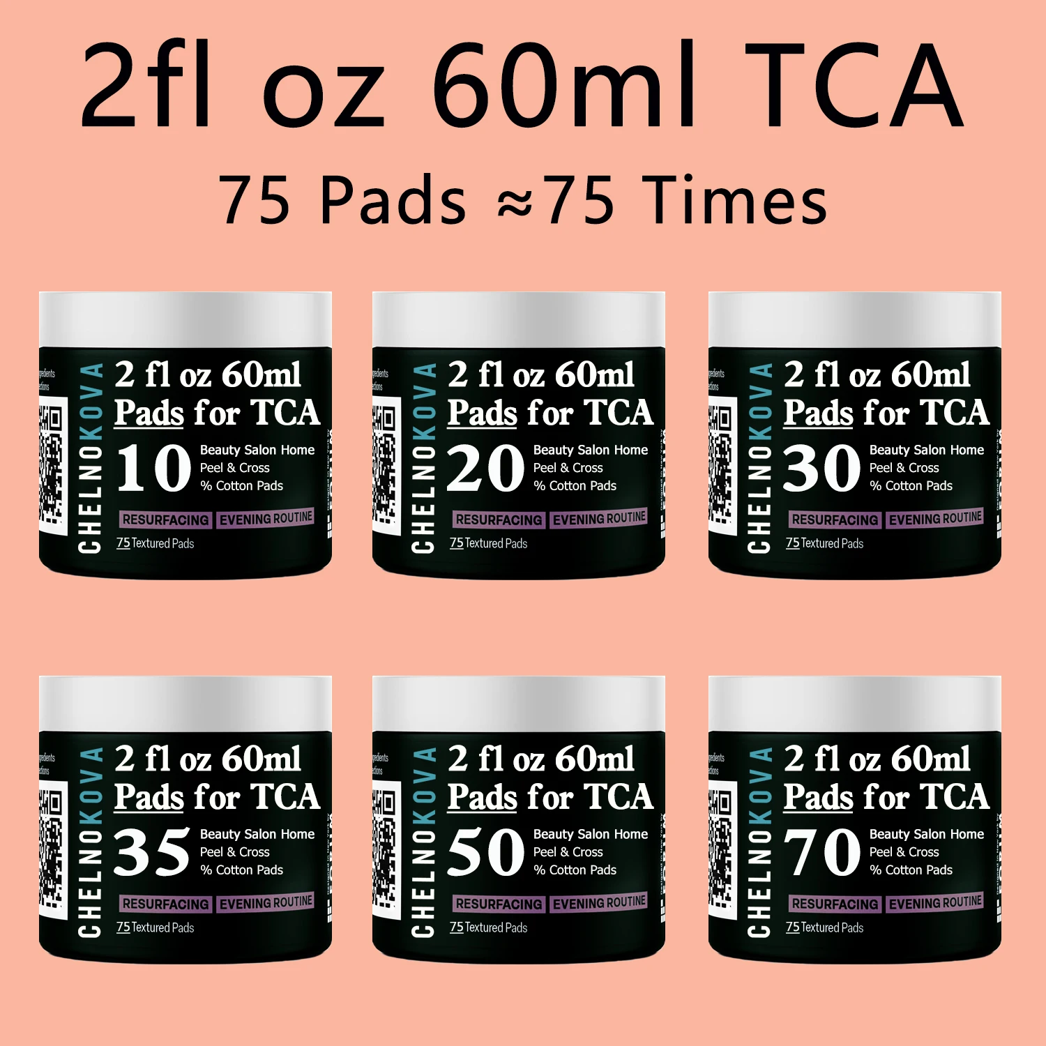 2fl oz TCA, TCA 30 Almofadas, peeling 30, casca química, 75 almofadas, 20, 30, 35, 50, 70, almofadas de algodão 75 peças cruzadas