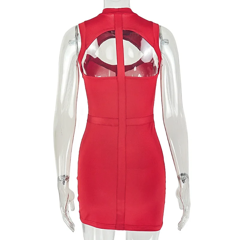 Damen Rotes Hochgeschlossenes Ausgeschnittenes Bandage-Partykleid Sexy Ärmelloses Bodycon Nachtclub-Kleid – Detail 8