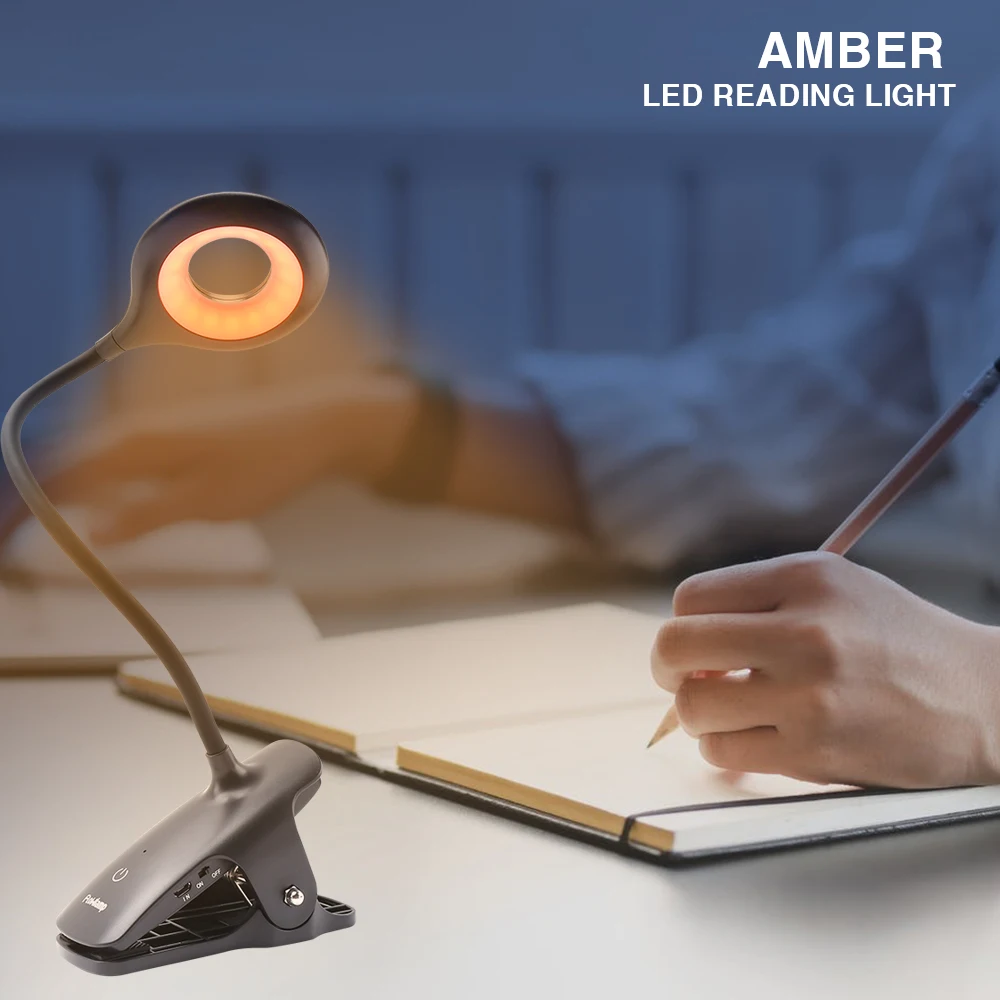 Clip On Table Lamp Blue Light Blocking Amber LED Desk Lamp USB Rechargeable Table lights Dimmable Book light for Study Reading