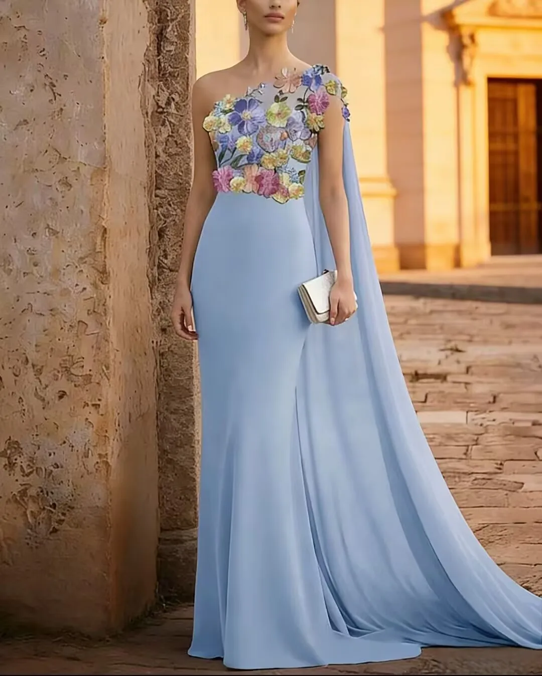 

High Quality Customized One Shoulder Flowers Floor Length Blue Flowers Sleeveless Colorful Elegant Dress Women for Wedding Party
