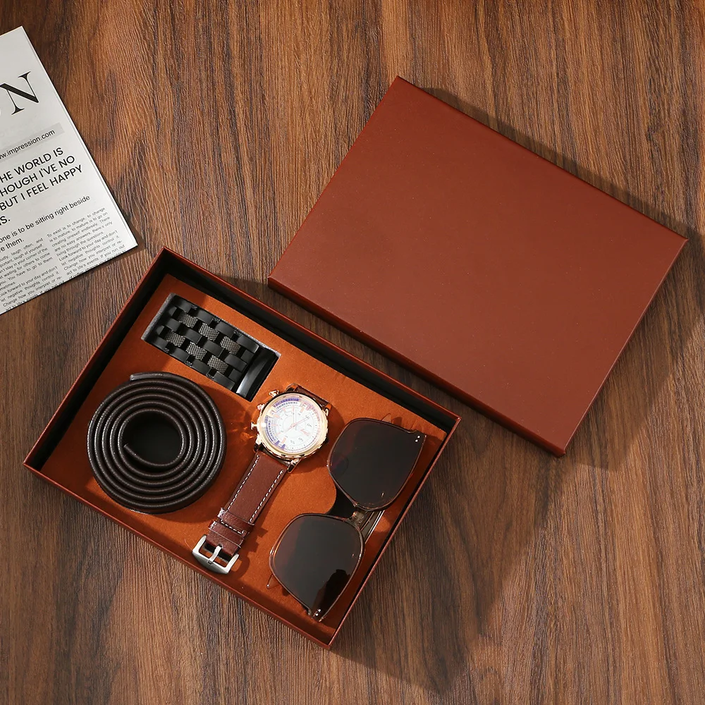 New Men’s Watch Belt and Sunglasses Set Gift Box Quartz Wristwatches Anniversary Father's Day Business Gift Set Box Wholesale