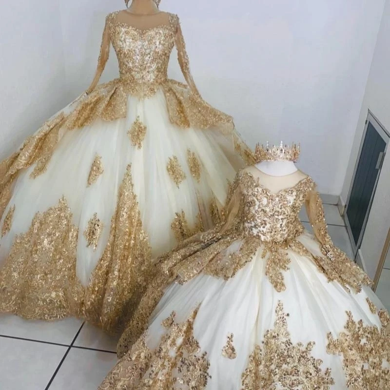 ANGELSBRIDEP Luxury Gold Appliques Lace Quinceanera Dresses Long Sleeved Formal Birthday Corset Vestidos De 15 Anos Customized