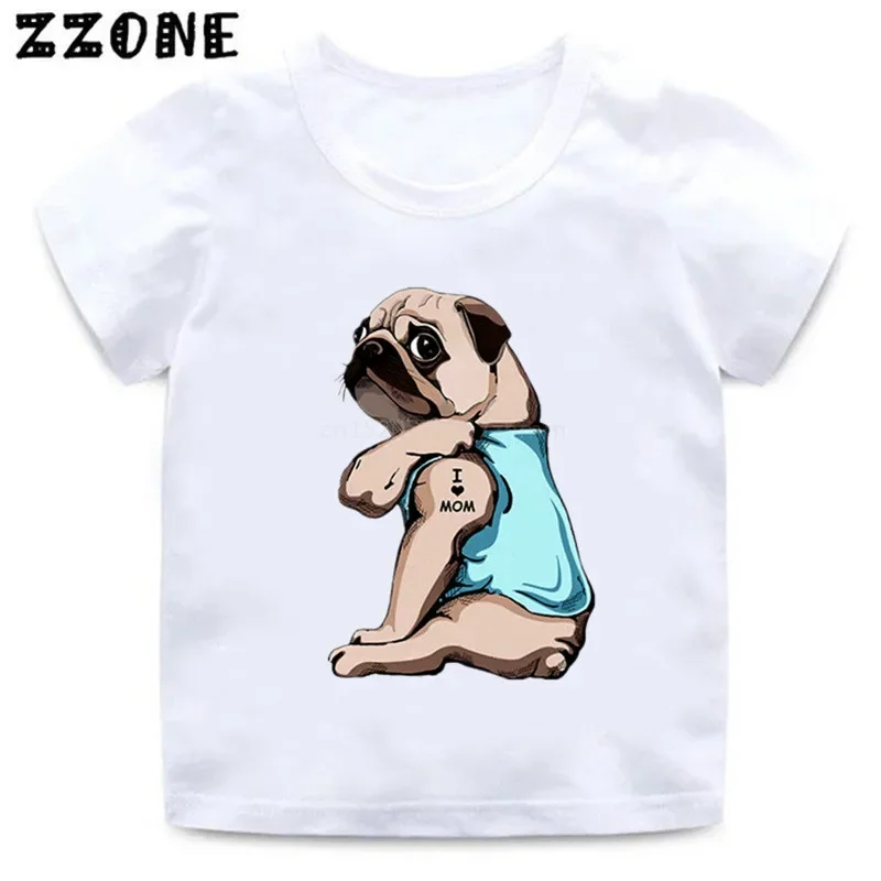 Engraçado Pug T Shirt para Crianças, Eu Amo Mamãe, Tattoo Dog, Husky French Bulldog, Chihuahua, Baby Boys and Girls Clothes