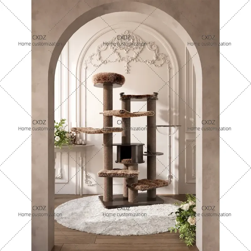Large Solid Wood Cat Climbing Frame Multi Layer Cat Tree for Big Cats Black Walnut Finish Sturdy Pet Activity Center