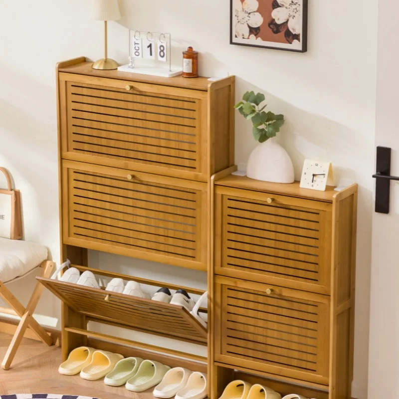 Minimally Ultra-thin Wooden Shoe Cabinet Multi-layer Bamboo Door Wall Storage Cabinet Narrow Shoe Cabinet Entrance Storage New