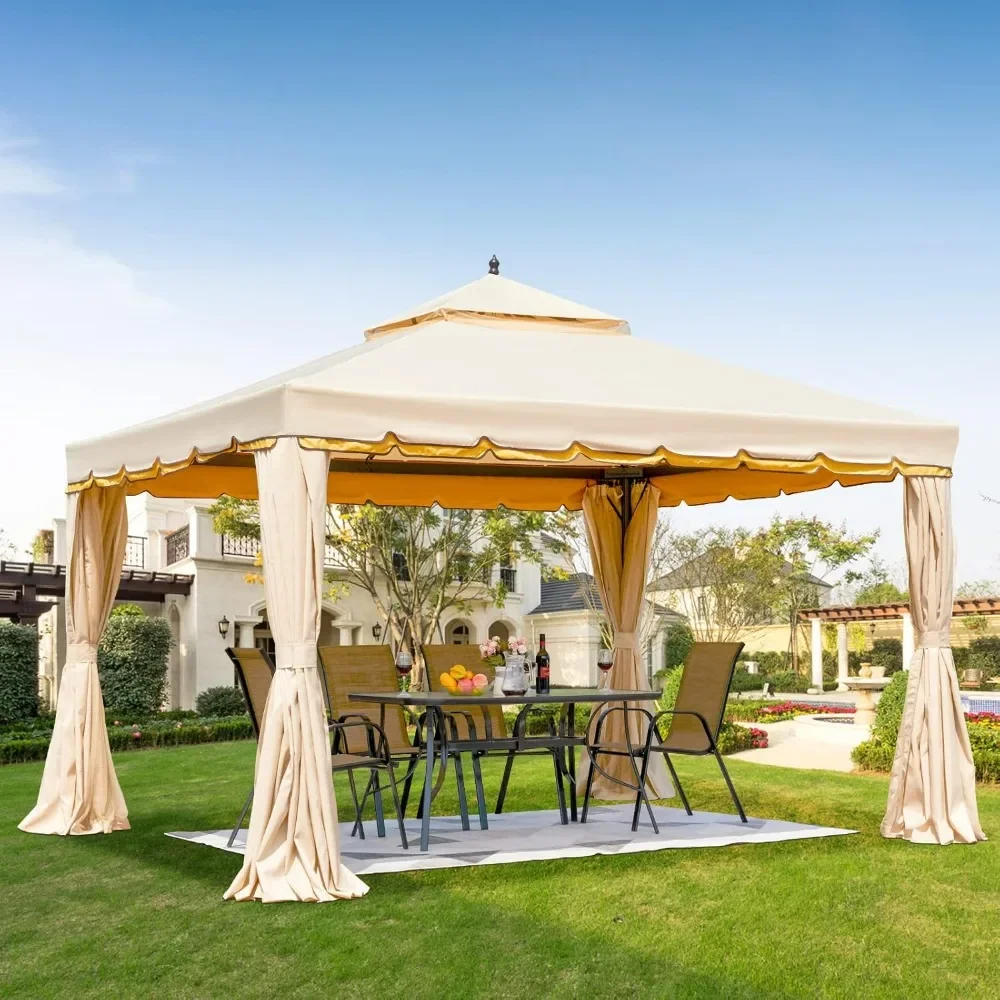 10' x 12'Outdoor Gazebo, Double Roof Patio Gazebos Steel Frame with Netting and Shade Curtains for Garden, Outdoor Gazebo