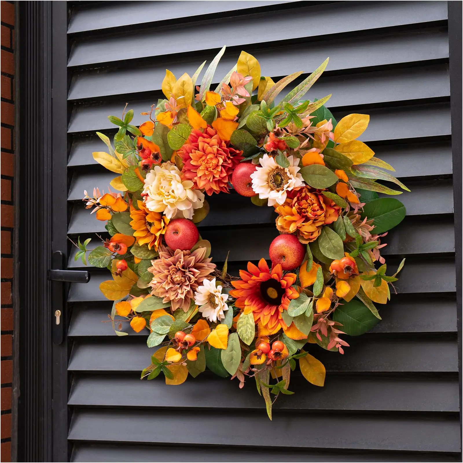 Yannew 20inch Fall Wreaths for Front Door Autumn Rustic Harvest Wreath with Sunflowers Apple Berries for Outdoor Home Wall Decor view 4