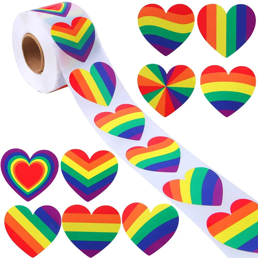 500Pcs Various Striped Love Gay Pride Rainbow Heart Ribbon Valentine's Day Stickers Spreading Love Gift Packaging Sealing labels