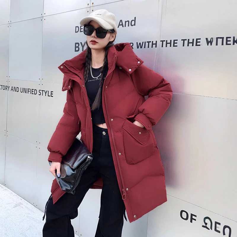 

Winter Solid Hooded Mid Length Warm Down Jacket Female Loose Double Zipper Jacket Women White Duck Down Pocket Parker Outwears